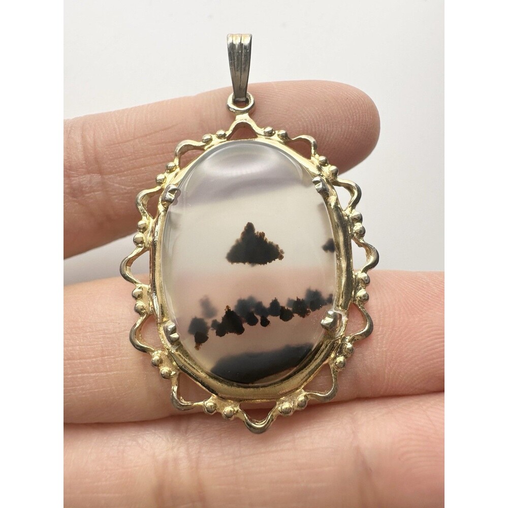 Vintage Scenic Montana Agate Pendant Gold Tone